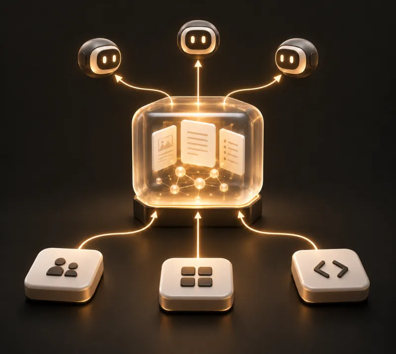 Conceptual illustration of business systems, a central knowledge hub and AI teammates.